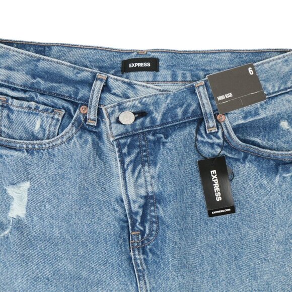 NWT Express Frayed Super High Waisted Crossover Waistband Mini Jean Skirt 6 - Picture 4 of 5